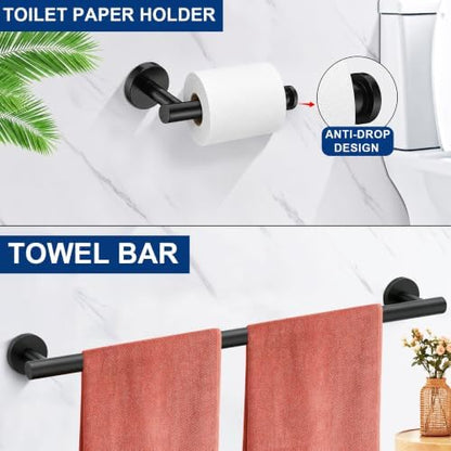 5 Pieces Bathroom Hardware Accessories Set Matte Black, 24Inch Round Towel Racks Set for Bathroom, SUS304 Stainless Steel Towel Bar Set, Toilet Paper Holder Wall Mounted