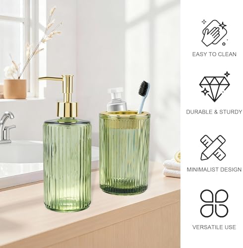 Green Glass Bathroom Accessories Set, Soap Dispenser and Toothbrush Holder