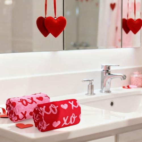 Whaline Valentine's Day Hand Towels Cotton Bathroom Towel Red Pink Heart Decorative Absorbent Bath Towel for Kitchen Dish Drying Cleaning Cooking Wedding, 29.5 x 13.4 Inch, 2Pcs