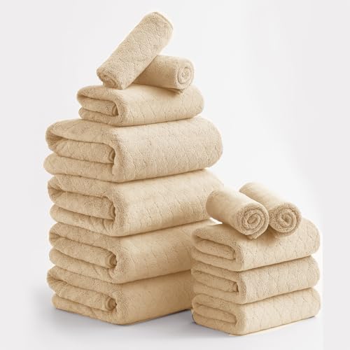 Luxury Bath Towels Set - 12 Piece (4 Large Bath Towels,4 Hand Towels,4 Washcloths), 100% Microfiber,Extra Absorbent Super Soft & Quick Dry,Complete Family Pack for Bathroom Gym Pool,Beige