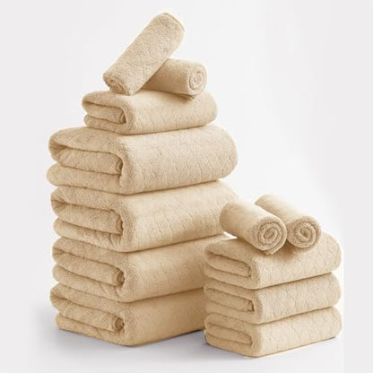 Luxury Bath Towels Set - 12 Piece (4 Large Bath Towels,4 Hand Towels,4 Washcloths), 100% Microfiber,Extra Absorbent Super Soft & Quick Dry,Complete Family Pack for Bathroom Gym Pool,Beige