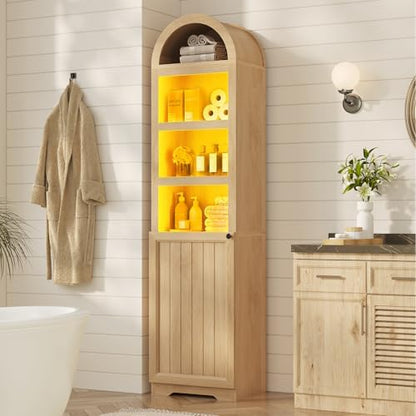 UPOSOJA 72" Tall Arched Narrow Bathroom Storage Cabinet with Lights, Slim Storage Cabinet with Adjustable Shelves for Small Spaces, Farmhouse Style (Oak)