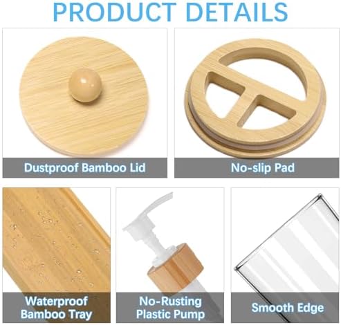 5 Pack Bamboo Bathroom Accessories Set with Tray - Plastic Soap Dispenser Clear Toothbrush Holder and 2 Qtip Holder Cotton Ball Container Jar