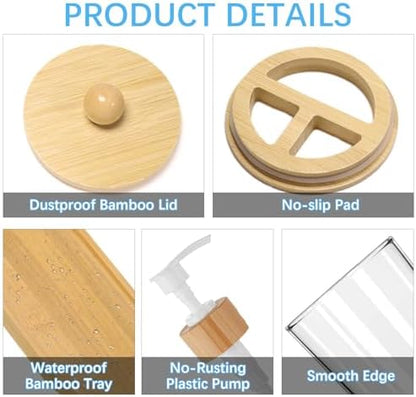 5 Pack Bamboo Bathroom Accessories Set with Tray - Plastic Soap Dispenser Clear Toothbrush Holder and 2 Qtip Holder Cotton Ball Container Jar