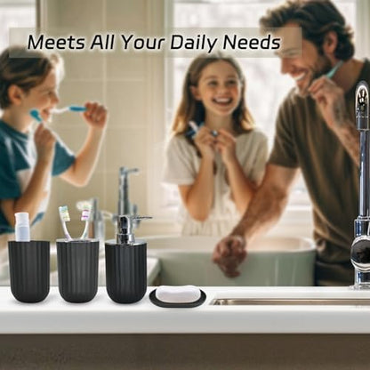 Black Bathroom Accessories Set, 10Pcs Bathroom Accessory Sets Complete with Trash Can, Shower Curtain, Vanity Tray, Soap Dispenser, Soap Dish, Toothbrush Holder&Cup, Toilet Brush&Holder, Qtip Holder