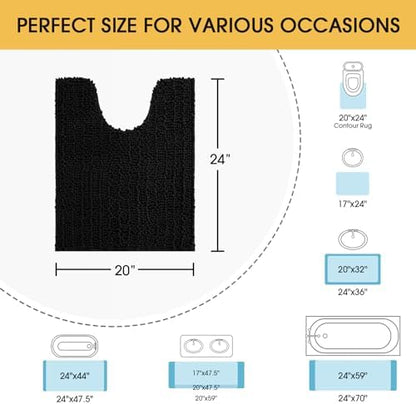 ACCUMTEK Upgrade Luxury Black Toilet Bathroom Rug Mat 24" x 20" Contour Rug, Ultra Soft Thick Absorbent Bath Mats, Non Slip Chenille Toilet Mat for Bathroom, Bedroom, Kitchen, Shower, Tub
