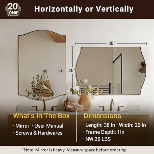 ANDY STAR 26"x38" Scalloped Mirror for Bathroom，Brushed Gold Rectangle Wall Mirror with Curved Edge Stainless Steel Metal Frame, Wall-Mounted Mirror for Bathroom, Entryway, Living Room