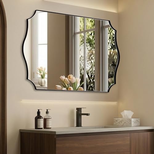 ANDY STAR 36"x48" Large Bathroom Mirror, Black Vanity Mirror for Bathroom Sink, Scalloped Mirror in Premium Stainless Steel Thin Frame, Elegant Curved Scallop Design, Ideal for Home Remodel