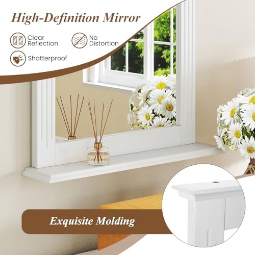 CHARMAID Bathroom Mirror with Shelf - 27" x 22.5" Wall Mirror Over Bathroom Sink, Wooden Frame Modern Rectangular Hanging Vanity Makeup Mirrors for Washroom, Entryway (White,27" L x 22.5" W)