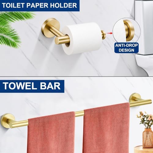 5 Pieces Bathroom Hardware Accessories Set Brushed Gold, 24Inch Bathroom Towel Rack Set SUS304 Stainless Steel, Round Toilet Paper Holder Heavy Duty, Wall Mounted
