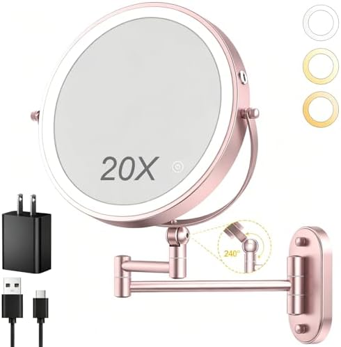 9" Wall Mounted Lighted Makeup Mirror,4000mAh Rechargeable Double Sided 1X/20X Magnifying Mirror with Light,Touch Dimmable,Extended Arm 360 Rotation Wall Mounted Makeup Mirror 3 Color Lights-Gold