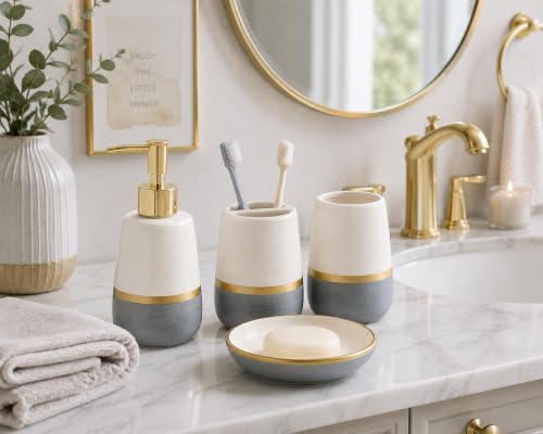 4 Piece Ceramic Bathroom Accessories Set, White Gray and Gold Soap Dispenser, Toothbrush Holder, Tumbler and Soap Dish, Modern Bathroom Countertop Vanity Decor