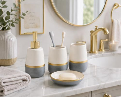 4 Piece Ceramic Bathroom Accessories Set, White Gray and Gold Soap Dispenser, Toothbrush Holder, Tumbler and Soap Dish, Modern Bathroom Countertop Vanity Decor