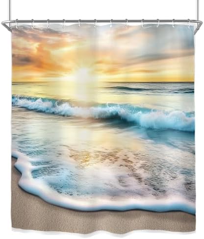 Miyotaa Coastal Sea Beach Shower Curtain Set 60Wx71H Inches Ocean Wave Summer Scenery Hawaii Landscape Sunrise Seaside Sunset Waterproof Bathroom Curtain with 12 Hooks