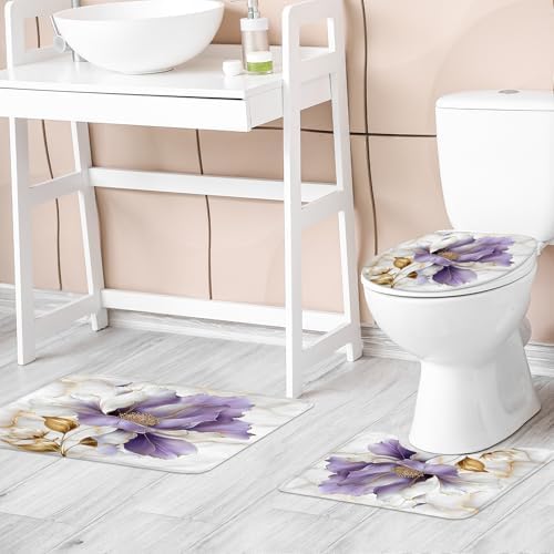 Purple Gold Marble Floral Modern 4Pcs Bathroom Shower Curtain Set with Rugs