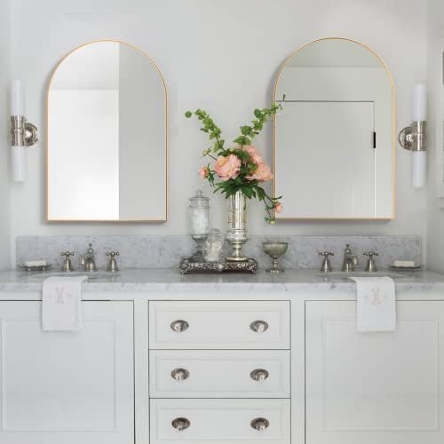 Wall Mounted Mirror, Arched Wall Mirror for Bathroom, 20"x30" Arch Bathroom Mirror with Metal Frame, 2 Piece Gold Vanity Mirror Decor for Bedroom, Entryway, Living Room