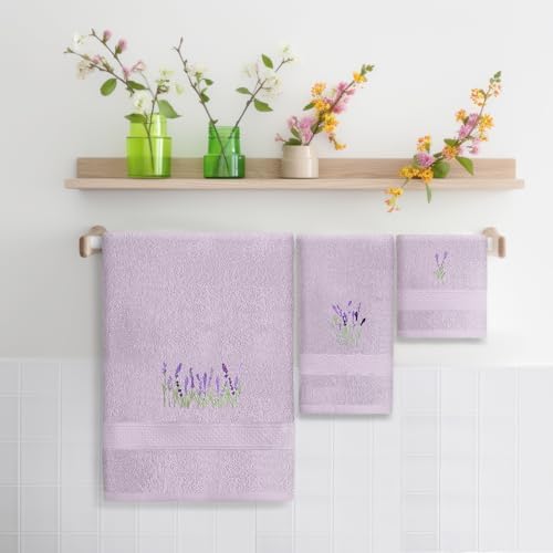 3 Pcs Lavender Floral Bathroom Towel Set Farmhouse Embroidered