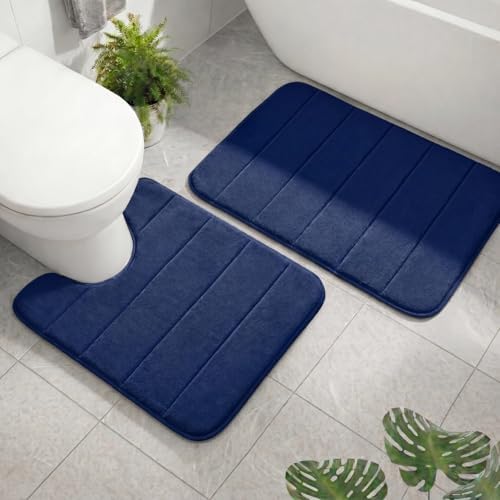 2 Piece Memory Foam Bath Mat Set, Extra Soft Absorbent Bathroom Rugs with U-Shaped Toilet Rug, Non-Slip Backing, Machine Washable, 24x16 + 20x20 U-Shaped, Navy Blue