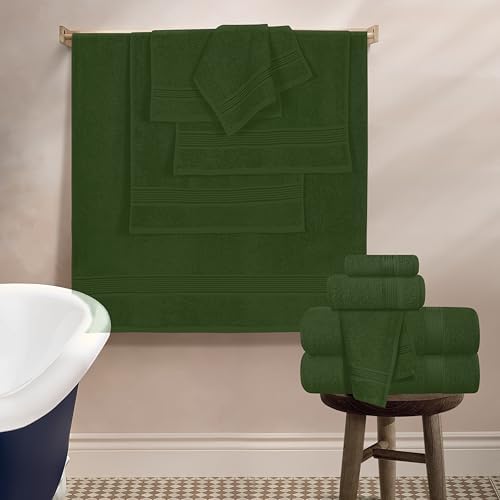 Belizzi Home 100% Cotton Towel Set, Contains 6 Soft Bath Towel, 6 Hand Towels, 12 Wash Cloths - Compact Absorbent Lightweight & Quickdry Towels for Bathroom - 24 Piece Bathroom Towel Set - Olive Green