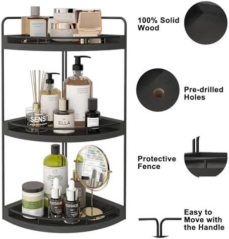 Fixwal 3 Tier Corner Bathroom Countertop Organizer Vanity Wood Shelf Black