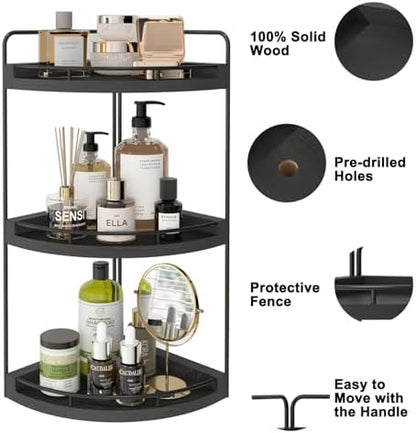 Fixwal 3 Tier Corner Bathroom Countertop Organizer Vanity Wood Shelf Black