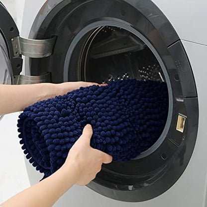 ACCUMTEK Striped Navy Blue Bathroom Rug Mat 32"x20" Ultra Soft, Non Slip Chenille Bath Rugs, Absorbent Plush Shaggy Bath Mats for Bathroom, Bedroom, Kitchen, Shower, Tub