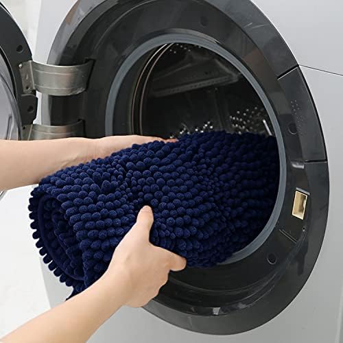 ACCUMTEK Striped Navy Blue Bathroom Rug Mat 48"x20" Ultra Soft, Non Slip Chenille Bath Rugs, Absorbent Plush Shaggy Bath Mats for Bathroom, Bedroom, Kitchen, Shower, Tub