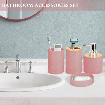 RRM 4 Piece Bamboo Bathroom Accessories Set, Boho Bathroom Decor,LightPink
