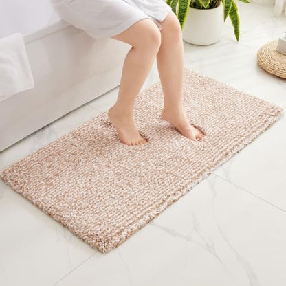 Disolla Bathroom Rug 24x48 - Non-Slip Plush Thick Bath Mat, Highly Absorbent & Ultra Soft Fluffy Floor Mat, Machine Washable for Shower and Tub, Beige & White