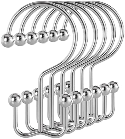 Bathway Shower Curtain Hooks Chrome Shower Curtain Rings, 12 Pcs Double Hook Shower Curtain Hooks Rings Shower Curtain Hangers Rust Proof, Metal Shower Hooks for Bathroom Shower Curtain Rod