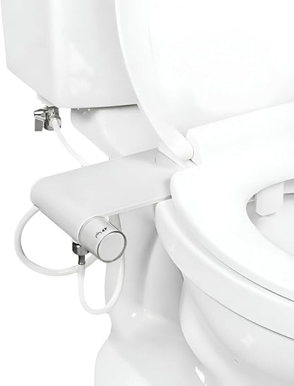 Rear & Feminine Right Handed Ultra Thin Bidet Attachment for Toilet with Self Cleaning Dual Nozzles - No Wiring Needed - Easy DIY Install - Includes Hybrid Brass 3-way T with ON/OFF & Travel Bidet