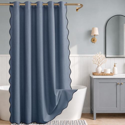 Furlinic No Hook Shower Curtain Scalloped Boho Extra Wide 78x75 Navy Blue