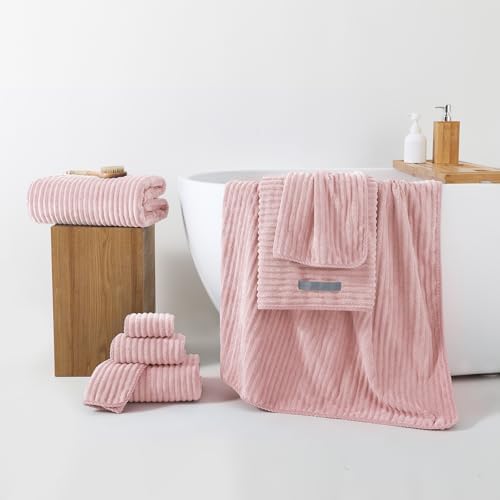 REDKISS Pink Microfiber Bath Towels Set 6 Piece - 70x35 Inches Bathroom Towels of 6 Large, Oversized Bath Towel with 2 Hair Towel Wrap, Highly Absorbent Soft Shower Towels for Bathroom, Hotel, Gym