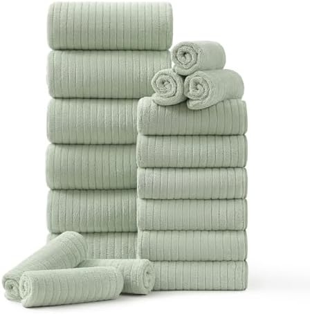 18 Piece Family Bath Towel Set Include 6 Bath Towels,6 Hand Towels and 6 Washcloths Soft Bathroom Towel with Hanging Loops,Highly Absorbent Quick Dry Towels Set for Bathroom,Hotel and Spa-Green