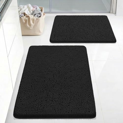 Bcoimo Bath Rug Mat Set, 2 Piece High Absorbent Chenille Bathroom Mat Black