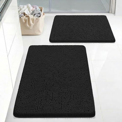 Bcoimo Bath Rug Mat Set, 2 Piece High Absorbent Chenille Bathroom Mat Black