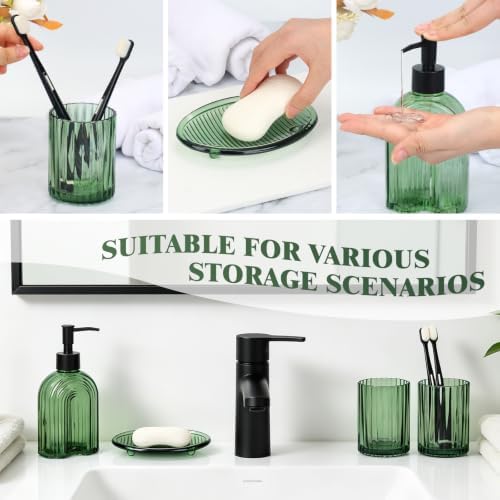 Bathroom Accessories Set, 4Pcs Glass Bathroom Accessories Set Complete, 11.6OZ Lotion Soap Dispenser, Toothbrush Holder, Mouthwash Cup, Soap Dish for Bathroom Decor, Countertop Organizer (Green)