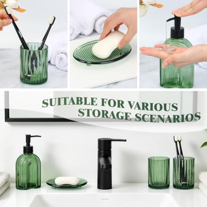Bathroom Accessories Set, 4Pcs Glass Bathroom Accessories Set Complete, 11.6OZ Lotion Soap Dispenser, Toothbrush Holder, Mouthwash Cup, Soap Dish for Bathroom Decor, Countertop Organizer (Green)