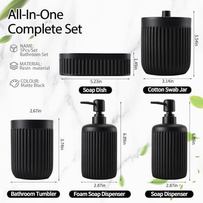 XLHOMO Black Resin Bathroom Accessories Set 5 Pcs, Bathroom Accessory Set Includes Foaming Soap Dispenser, Lotion Soap Dispenser, Toothbrush Holder, Qtip Holder, Soap Dish, for Modern Home Apartment