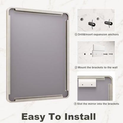 32x36 Inch Brushed Nickel Bathroom Mirror, Brushed Silver Metal Framed Wall Mirror, Rounded Corner Rectangle Modern Vanity Mirror, Tempered Glass, Anti-Rust, Shatterproof (Horizontal/Vertical)