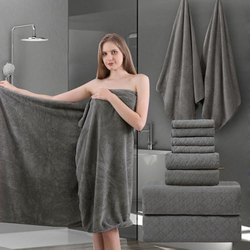 8-Piece Bath Towels Set,2 Oversized Large Bath Towels Sheet,2 Hand Towels and 4 Washcloths - 600 GSM Soft Microfiber Highly Absorbent Quick Dry Shower Towel Collection for Bathroom Hotel and Spa,Brown