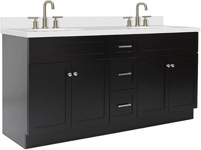 ARIEL Hamlet 72-inch Bathroom Vanity with Sink,Solid Wood, 1.5-inch Pure White Quartz Countertop & Backsplash, Double Rectangular Porcelain Sink, 4 Soft Closing Doors, 3 Dovetail Drawers, Black