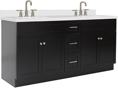 ARIEL Hamlet 72-inch Bathroom Vanity with Sink,Solid Wood, 1.5-inch Pure White Quartz Countertop & Backsplash, Double Rectangular Porcelain Sink, 4 Soft Closing Doors, 3 Dovetail Drawers, Black