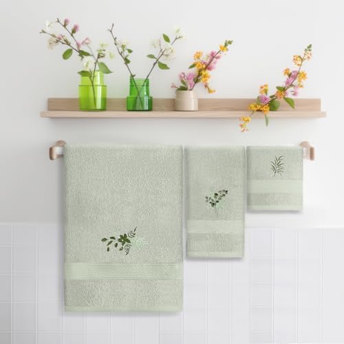 3 Pcs Eucalyptus Leaves Bathroom Towel Set, Embroidered Decor