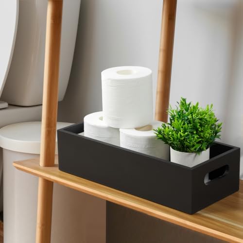 ALELION 15 Inch Black Wood Bathroom Storage Basket with Handles, Toilet Paper Basket for Back of Toilet Tank Top, Wooden Organizer Tray for Bathroom Countertop, Vanity, Kitchen, Pantry, Laundry Room
