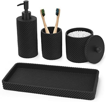 Black Bathroom Accessories Set 4 Pcs - Toothbrush Holder,Lotion Soap Dispenser,Qtip Holder Dispenser,Vanity Tray for Countertop Vanity Organizer,Bathroom Accessory Set