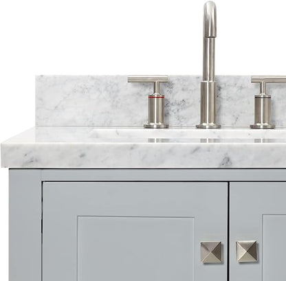 ARIEL Cambridge 60-inch Bathroom Vanity with Sink,Solid Wood, 1.5-inch Italian Carrara Marble Countertop, Double Rectangular Porcelain Sink, 4 Soft Closing Doors, 6 Dovetail Drawers, Grey