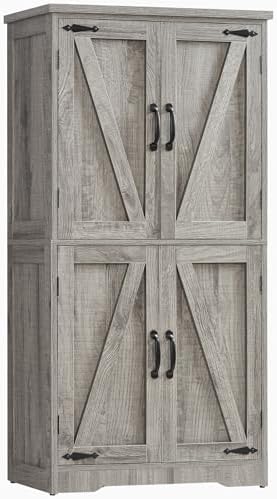 TEENFON Farmhouse Storage Cabinet with 2 Adjustable Shelves, Bathroom Cabinet with 4 Doors, Cupboard for Kitchen, Living Room, Rustic Gray