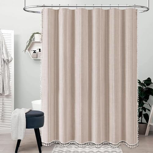 BTTN 60 x 84 Boho Linen Heavy Duty Cloth Shower Curtain Set, Tan/Taupe