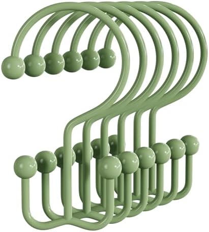 Bathway Shower Curtain Hooks Green Shower Curtain Rings, 12 Pcs Double Hook Shower Curtain Hooks Rings Shower Curtain Hangers Rust Proof, Metal Shower Hooks for Bathroom Shower Curtain Rod